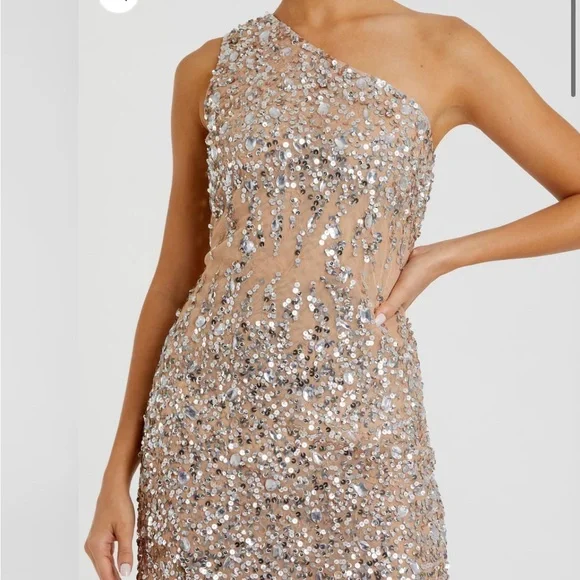 Mac DUGGAL | Beige One Shoulder Sheer Hand Beaded Mini Dress | 10977 | 4 - Picture 3 of 10